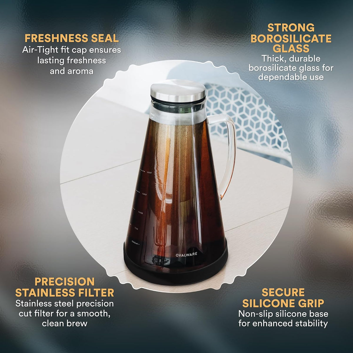 OVALWARE Airtight Cold Brew Coffee Maker with Tea Infuser &amp; Spout 1.5L/51oz | Borosilicate Cold Brew Coffee &amp; Iced Tea Maker with Removable Strainer &amp; Spout | Ideal for Home Baristas &amp; Tea Enthusiasts