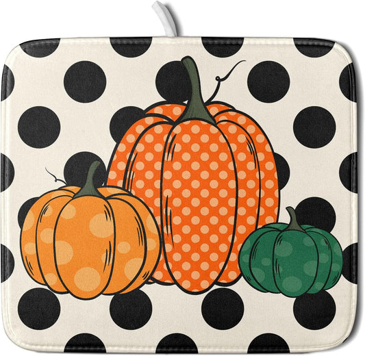 Autumn Pumpkin Dish Drying Mat for Kitchen Counter,Black Round Dot Decoration Drying Mat 16 x 18 Inch with Absorbent