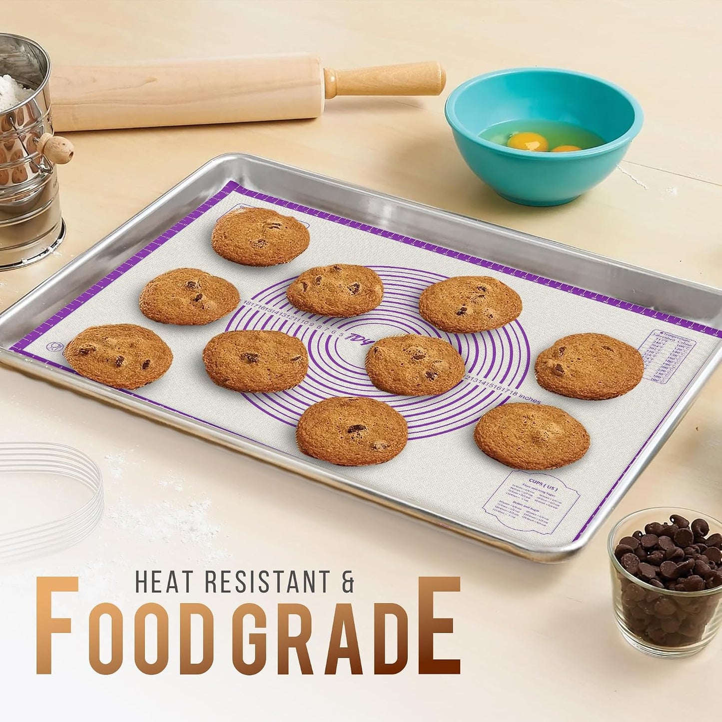 26 * 16 inches Purple, Non-Slip Silicone Baking Sheets - Baking Mat with 0.7mm Thickness - Non-Stick Pastry &amp; Cookie Mat for Kitchen Counter for Rolling Out Dough with Measurements.