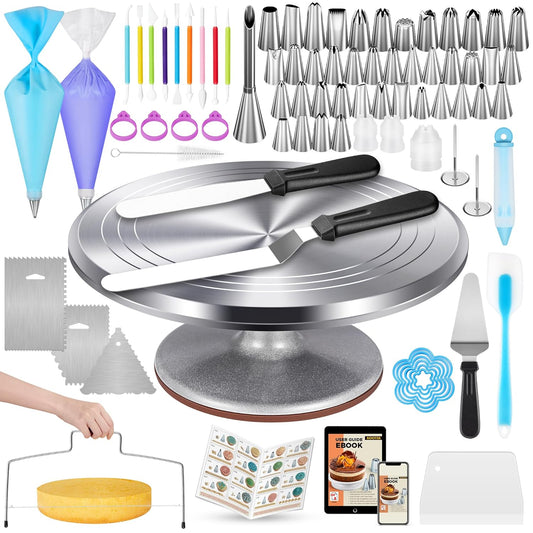 Kootek 180 Pcs Cake Decorating Kits Supplies - Aluminium Alloy Revolving Cake Turntable, Numbered Cake Decorating Tips and