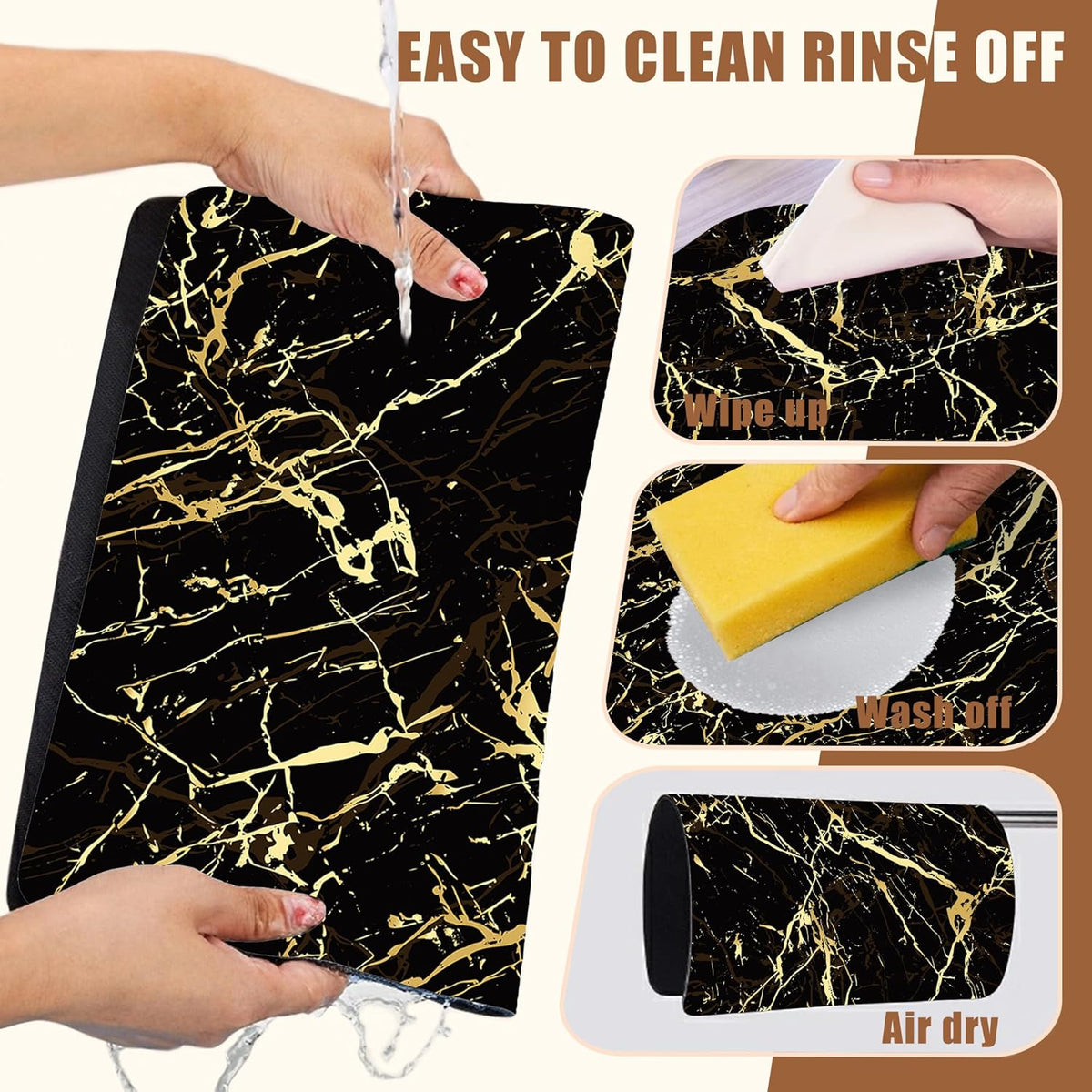 Dish Drying Mat Black and Gold Marble Coffee Bar Mat for Countertop Absorbent Rubber Backed Hide Stain Dish Drainer Rack Pad Coffee Maker Espresso Machine Dining Room Decoration 11.8 x 19.7 Inch