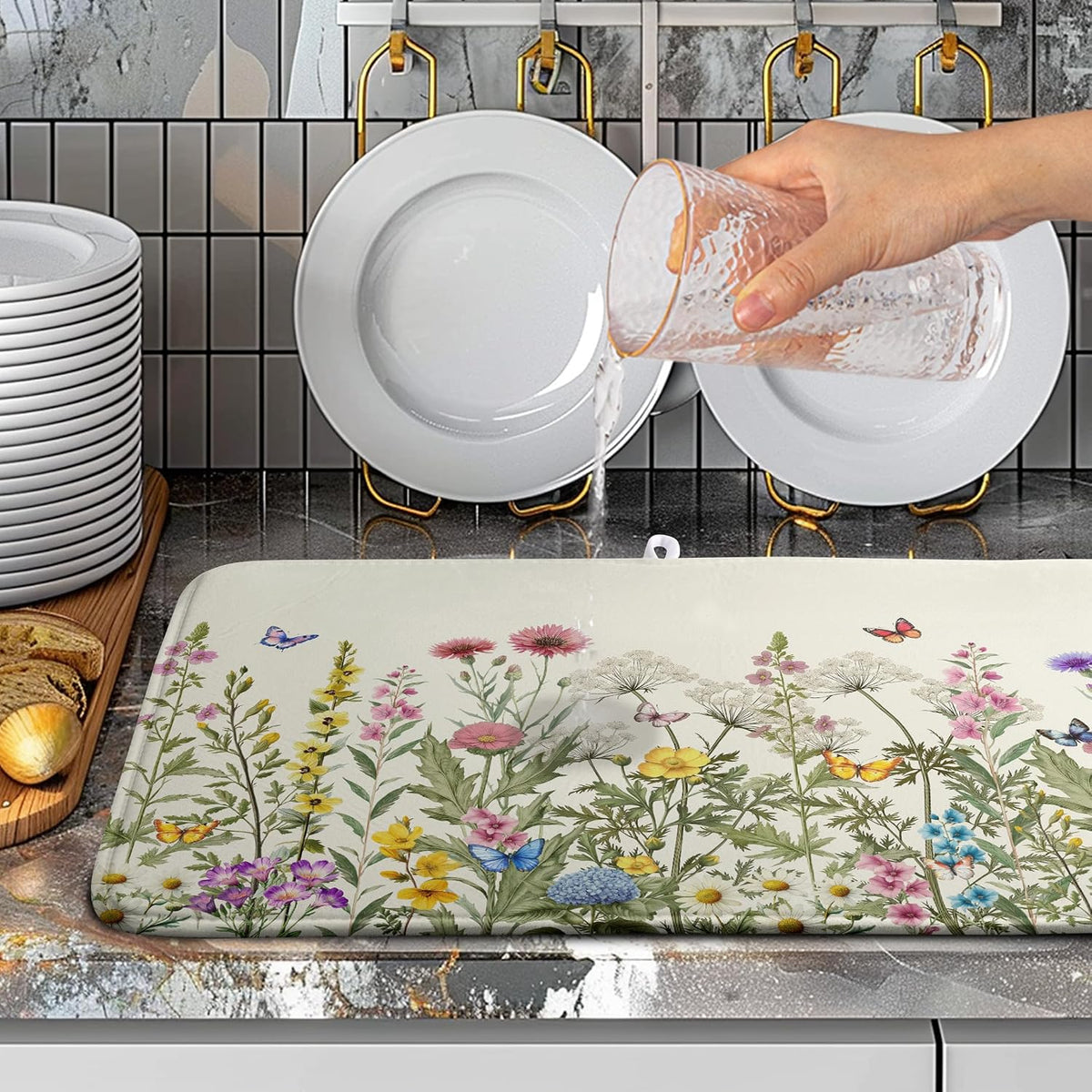Spring Dish Drying Mat Summer Floral Flowers Kitchen Dish Drying Pad Absorbent Dish Dryer Mat for Kitchen Countertops Microfiber Dishes Drainer Pad Dish Drying Rack Mat (18x24 in)