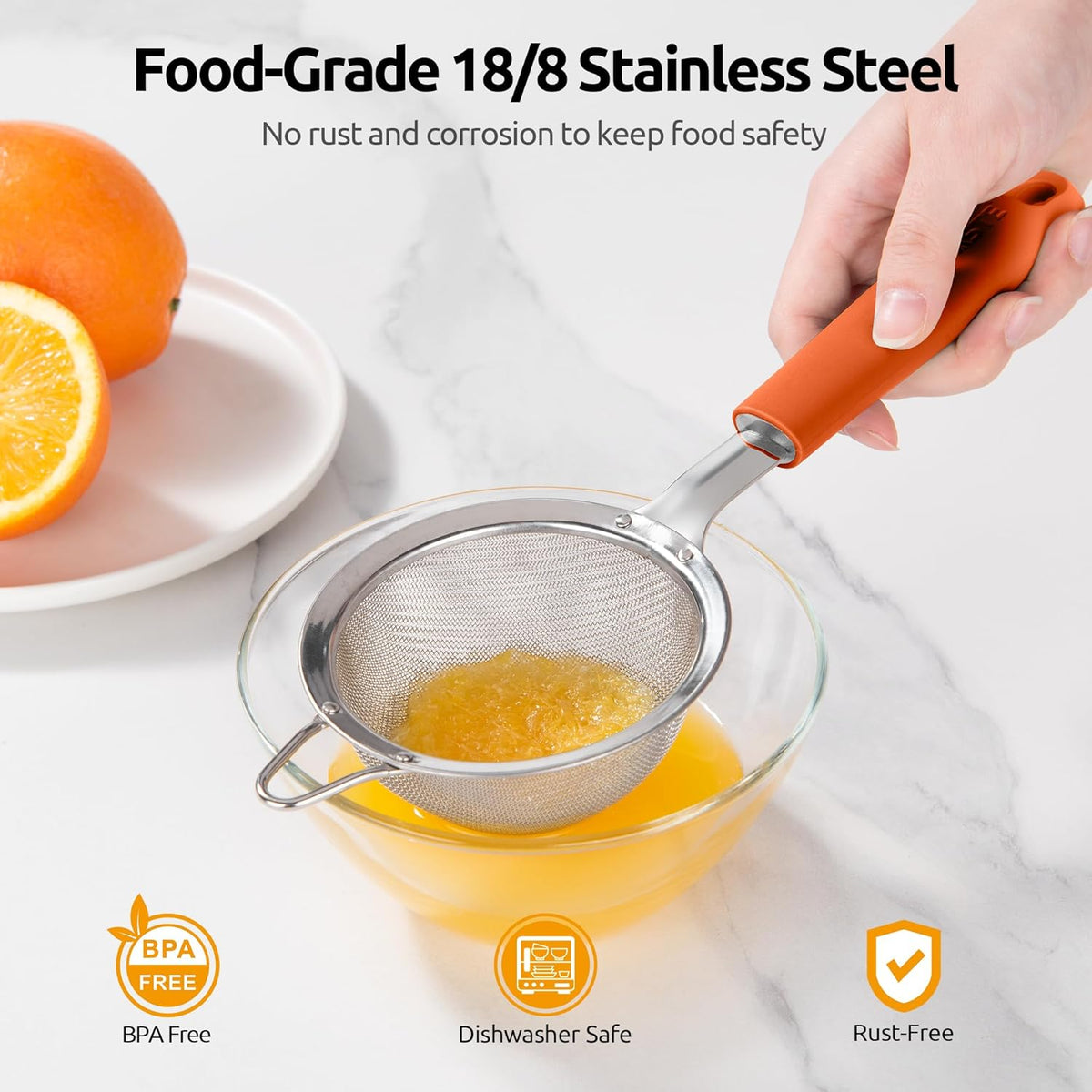 U-Taste Small Fine Mesh Strainer: 18/8 Stainless Steel 3.35in 30 Mesh Kitchen Food Sieve with Sturdy Riveted Silicone Handle, Heavy Duty Deep Handheld Metal Colander for Tea, Juice (Orange)