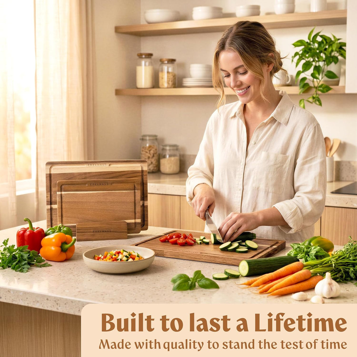 EDELHAUS Acacia Wood Cutting Boards for Kitchen Set of 3, Double sided