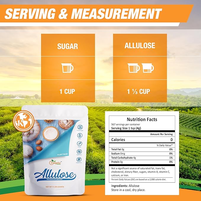 Allulose All Purpose Sweetener; Total Servings 567; Zero Calorie Sweetener, Sugar-Free Substitute for Baking, Smoothies, Coffee; Low Carb Keto Diet Friendly Food | 5-LB