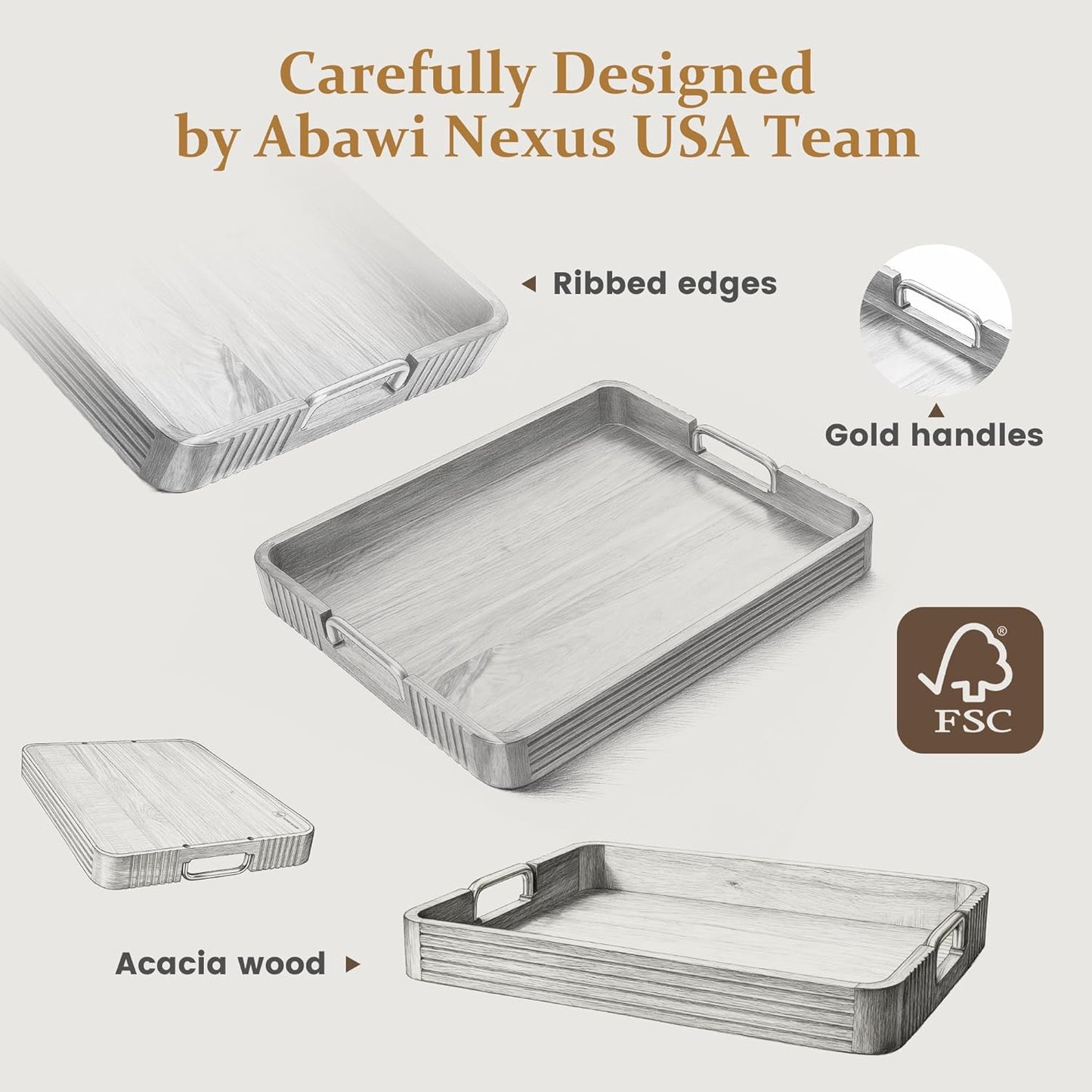 Acacia Wood Serving Tray with Gold Handles (Natural, 17" x 13" x 2") | Decorative coffee table tray for living room &amp; ottoman tray with anti-slip pads, bar tray, Breakfast in Bed and gift box.