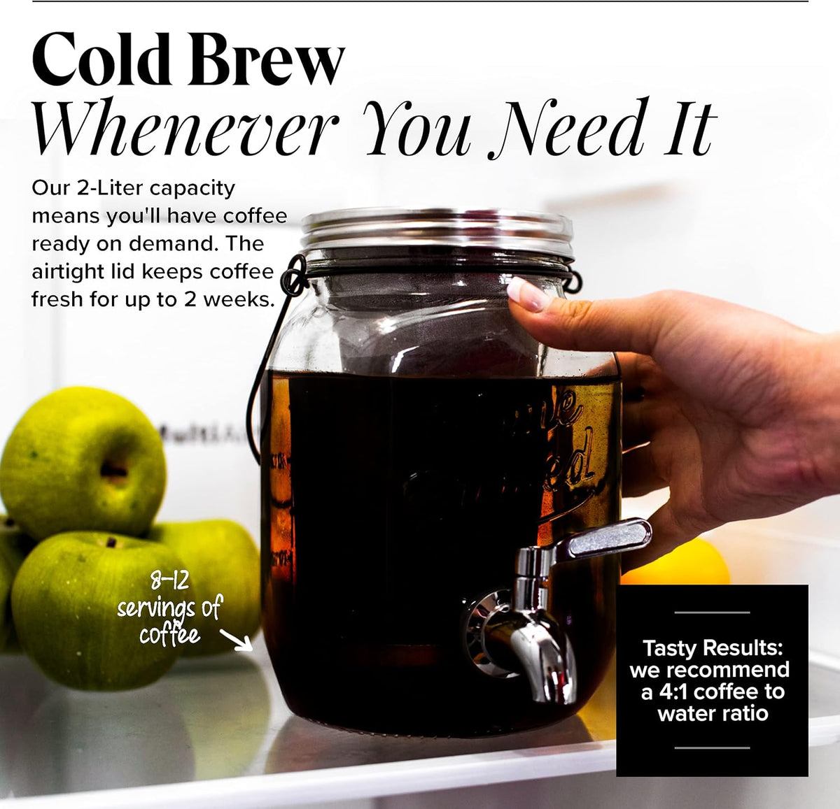 Willow & Everett Cold Brew Coffee & Iced-Tea Maker Pitcher, 2 L Glass Dispenser w/Metal Spigot & Mesh Filter Iced Coffee & Sun Tea Brewing System
