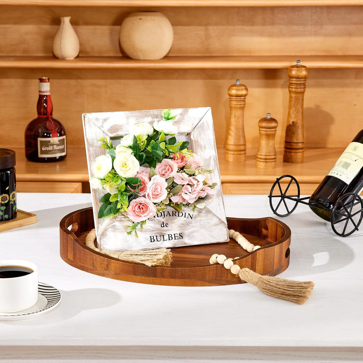HouseJoy Wood Serving Tray with Handle: Decorative Ottoman Tray w/High Edge | 16.5x13in size-Acacia Wood-12mm Thick-Easy to Grip-Waterproof-Tray for Food in Bed/Coffee Table/Bathroom-Dessert Display