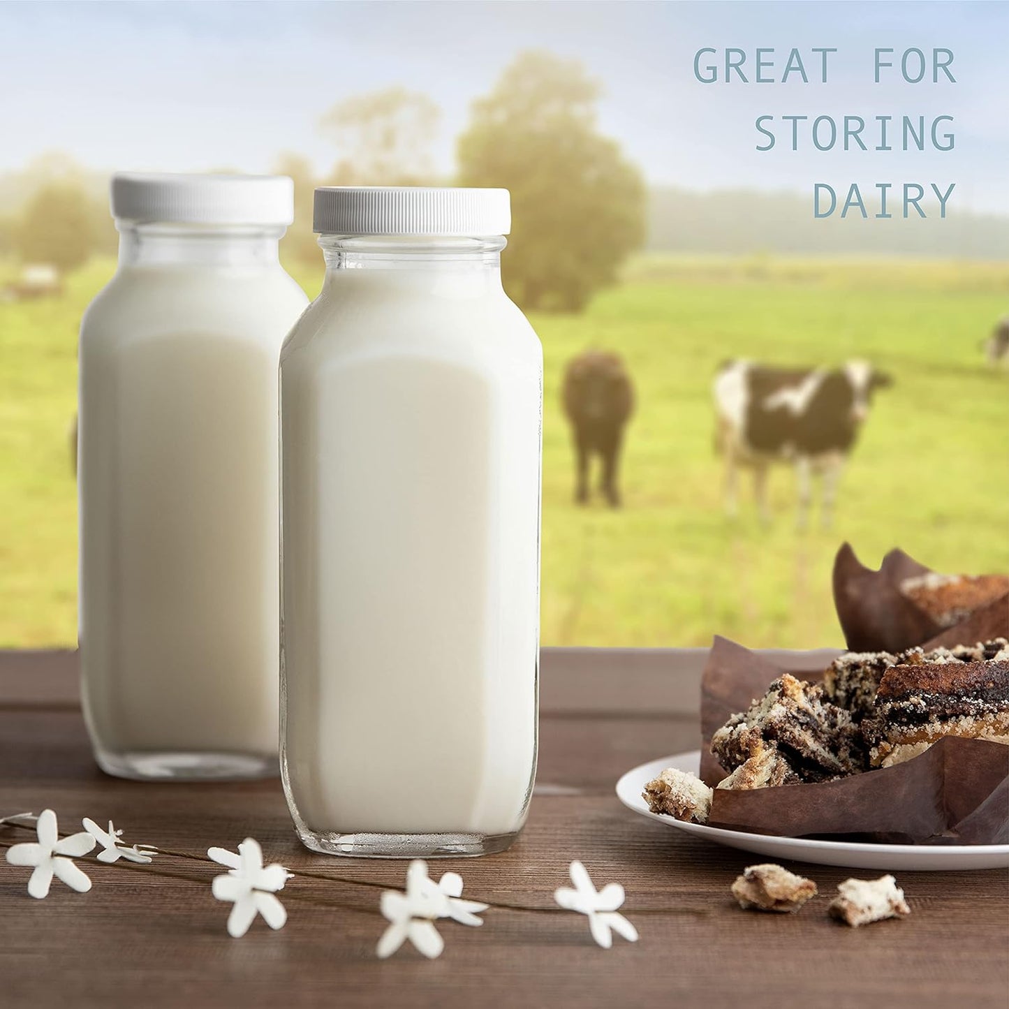 kitchentoolz 16oz Glass Milk Bottles with Lids – 16 oz Reusable Glass Bottles for Milk, Creamer, Juice, Smoothies, Kefir &amp; Yogurt – Airtight Square Drinking Jars for Lunch Box &amp; Fridge – 4 Pack