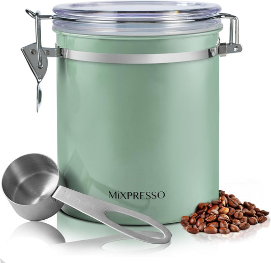 Mixpresso Green Coffee Canister, 16oz Airtight Stainless Steel Kitchen Food Storage Container with Clear Lid and Spoon. for