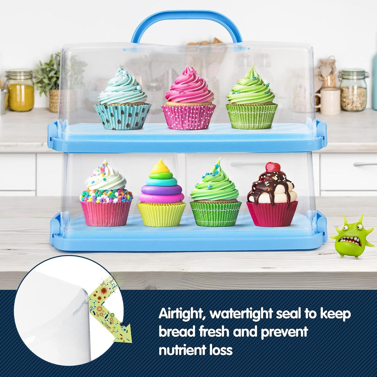 2-Pack Plastic Rectangular Bread Box with Clear Lid, Loaf Cake Keeper, Portable Bread Keeper Storage Container with Handle (Blue)