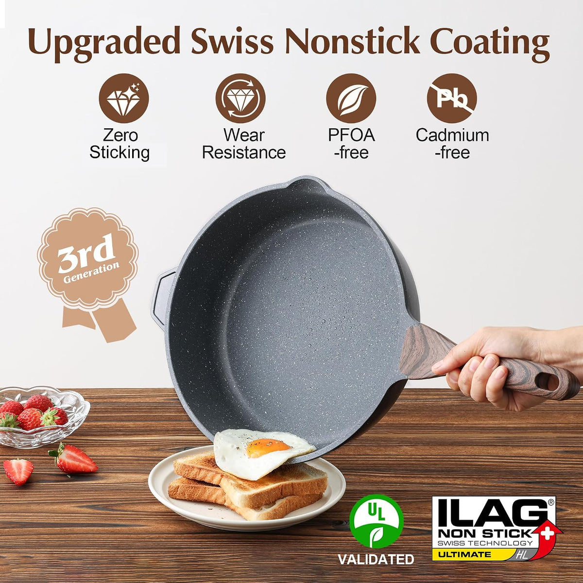 SENSARTE Nonstick Deep Frying Pan Skillet, 12-inch Saute Pan with Lid, Stay-cool Handle, Chef Pan Healthy Stone Cookware Cooking Pan, Induction Compatible, PFOA Free