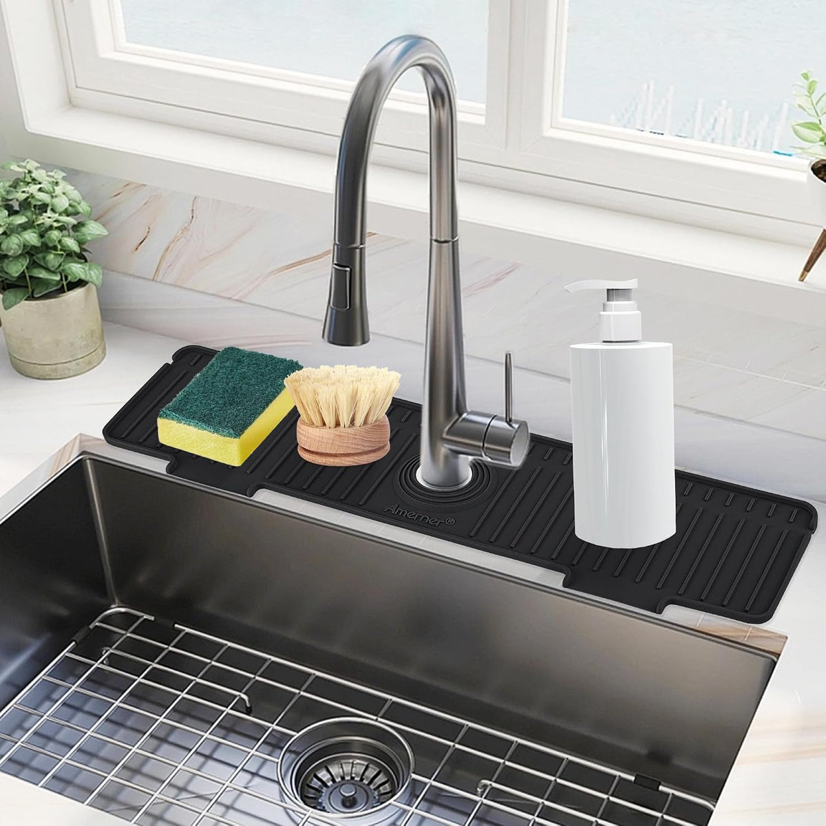 Kitchen Sink Splash Guard, 20 inch Silicone Faucet Guard &amp; Draining Mat, 10° Large Slope Sink Faucet Mat Splash Guard, Bathroom Sink Organizer, Kitchen Sink Accessories Gadgets, 20 x 5.5”, Black