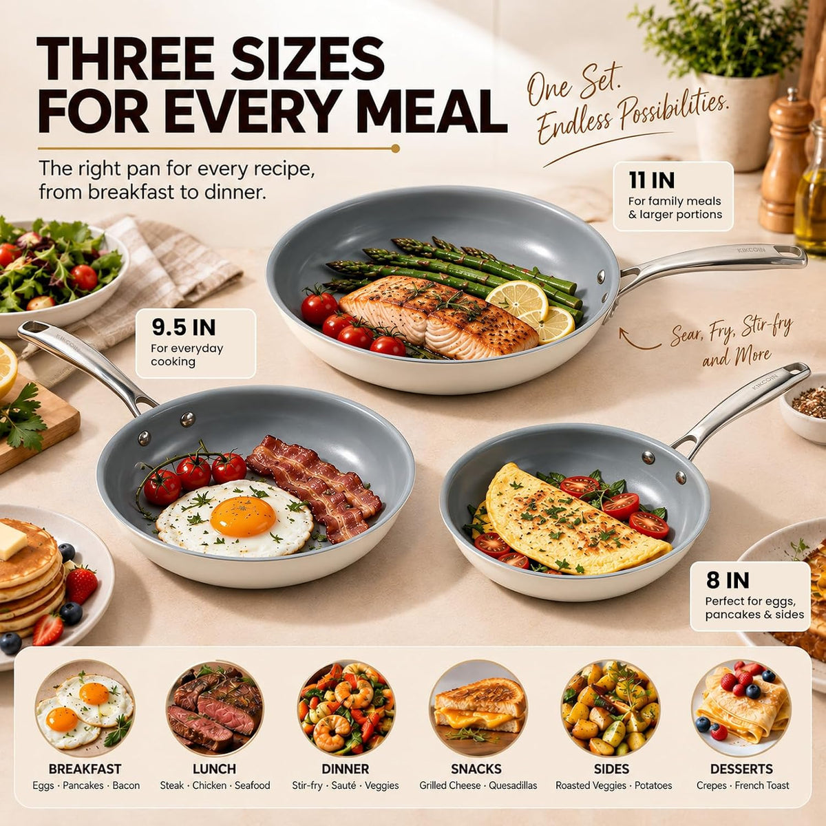 Kikcoin Ceramic Nonstick Frying Pan Skillets - 3 Sizes Omelette Pans for Healthly Cooking, 8+9.5+11 Inch Egg Pan with Stay Cool Handle, Free of PFAS PFOA PTEE, Oven/Dishwasher Safe for Busy Kitchen