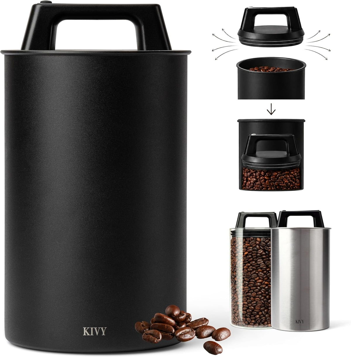 KIVY Vacuum Coffee Canister Large - Push Lid Preserves Coffee Aroma & Oil