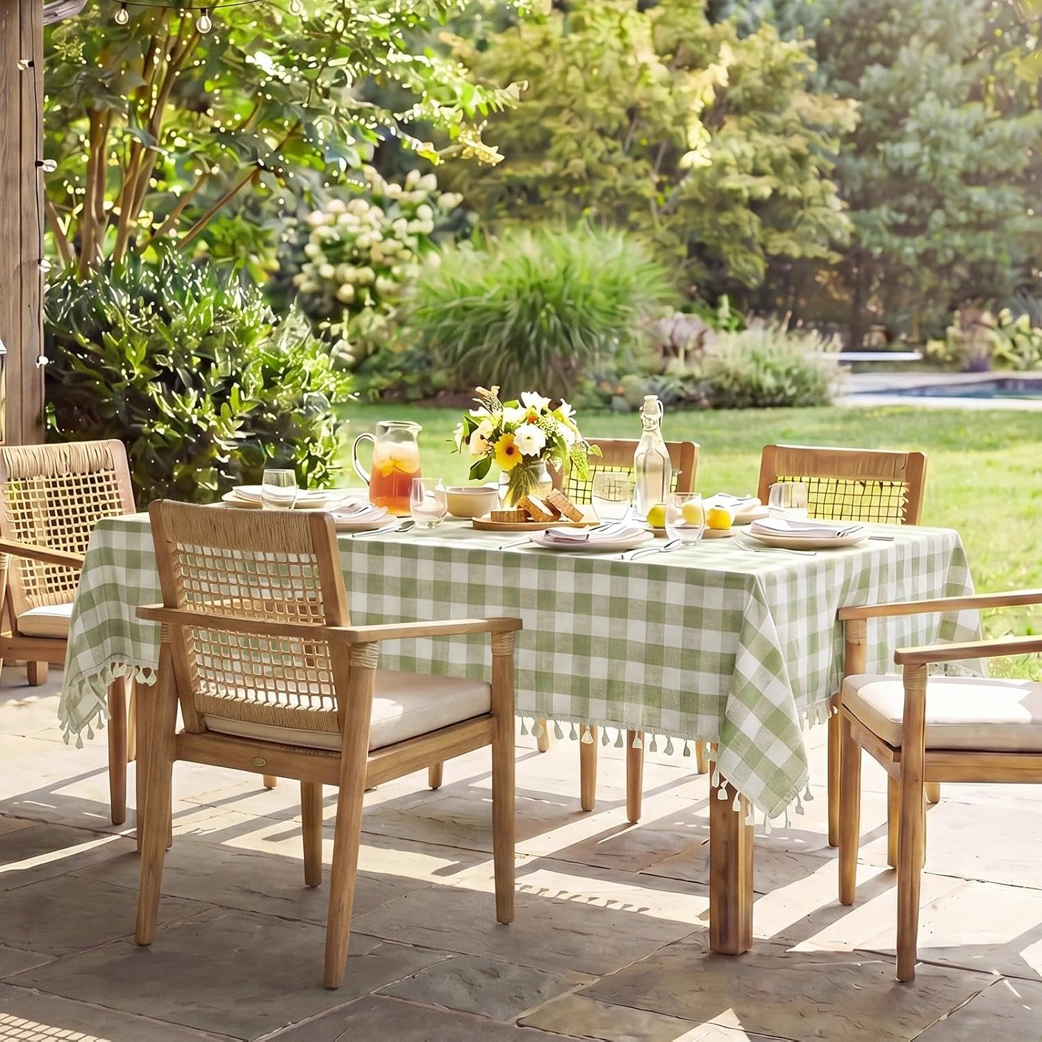 Softalker Outdoor Checkered Tablecloth, Linen Cotton Gingham Table Cloths for 6 Foot Rectangle Tables with Tassel, Heavy