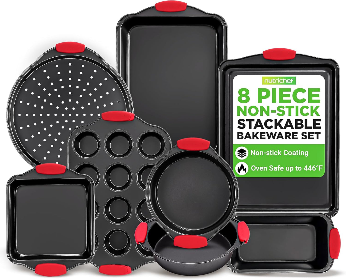NutriChef Non-Stick Kitchen Oven Baking Pans-Deluxe &amp; Stylish Nonstick Gray Coating Inside Outside, Commercial Grade Restaurant Quality Metal Bakeware with Red Silicone Handles NCSBS8S, 8 Piece Set
