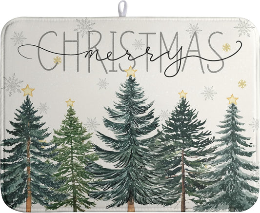 Merry Christma Trees Dish Drying Mat Winter Forest Large Kitchen Mats Dish Drying Pad Xmas Snow Absorbent Dish Dryer Mat for