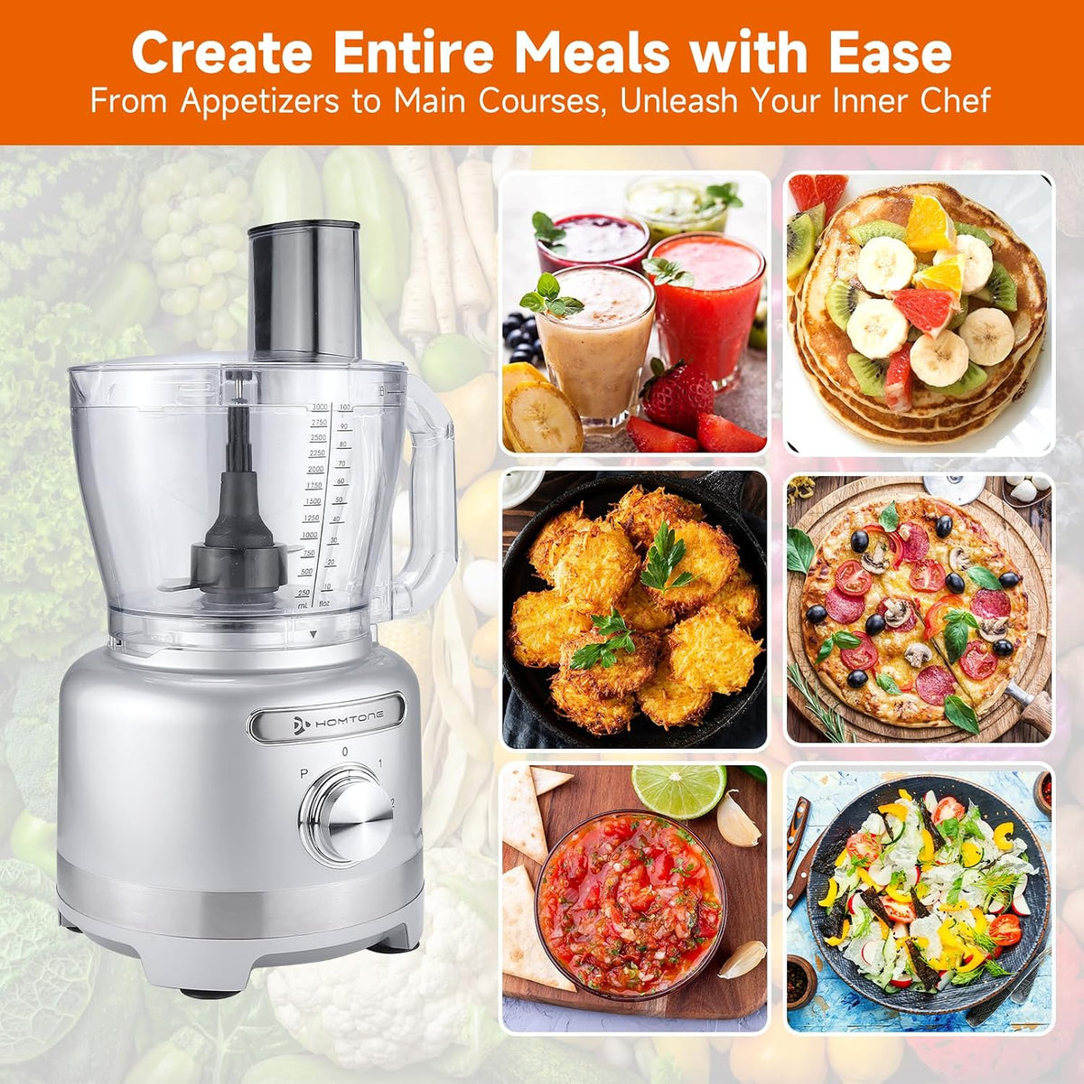 Homtone 16 Cup Food Processor, 6 Preset Modes& Stepless Speed Control for Dough Kneading, Meat Chopping, Slicing, Shredding, French Fries Potato Cuting, Cheese Grating& Whipping Cream, 650W, Red