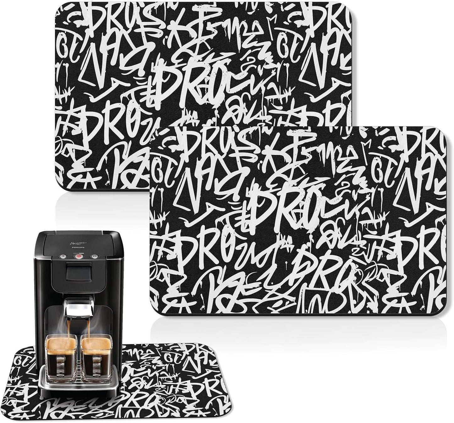 Arttown Coffee Mat for Countertops, 2 Pcs, 12" x 19" Graffiti Abstract | Letters Old School Dish Drying Mats Rubber Backed, Kitchen Bar Accessories for Espresso Machine Rack Hide Stain