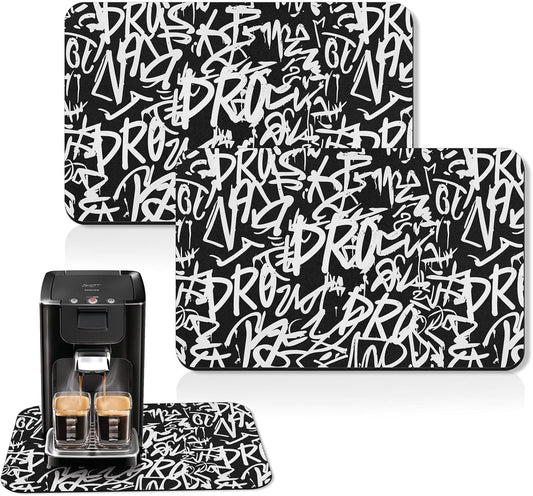 Arttown Coffee Mat for Countertops, 2 Pcs, 12" x 19" Graffiti Abstract | Letters Old School Dish Drying Mats Rubber Backed, Kitchen Bar Accessories for Espresso Machine Rack Hide Stain