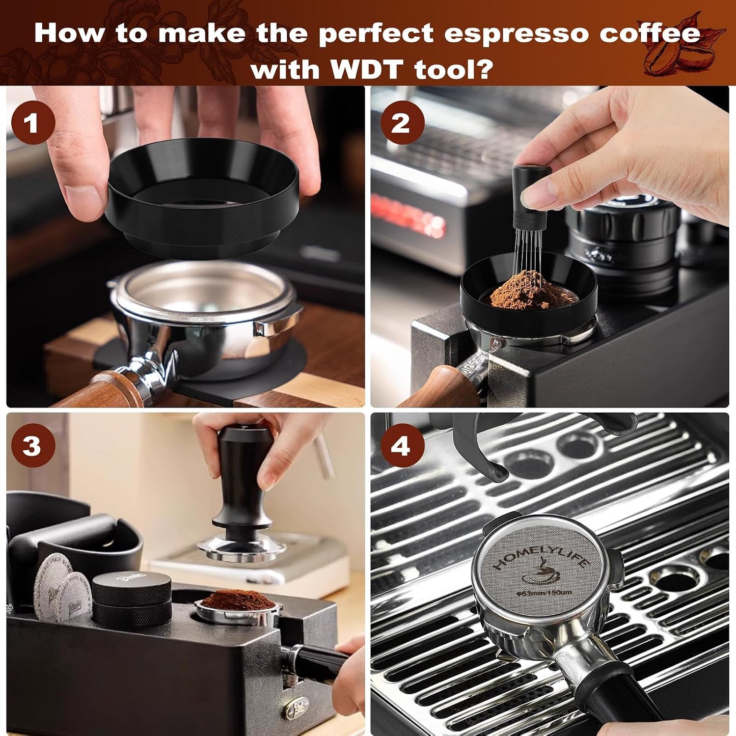 WDT Tools Espresso Puck Screen, 53mm Espresso Accessories Kit - 150μm Puck Screen Set, 0.25mm 316 Stainless Steel 8 Needles Coffee Distribution Stirrer, Portafilter Dosing Ring for Barista Black | 150μm Puck Screen Set,0.25mm 316 Stainless Steel 8 Needles