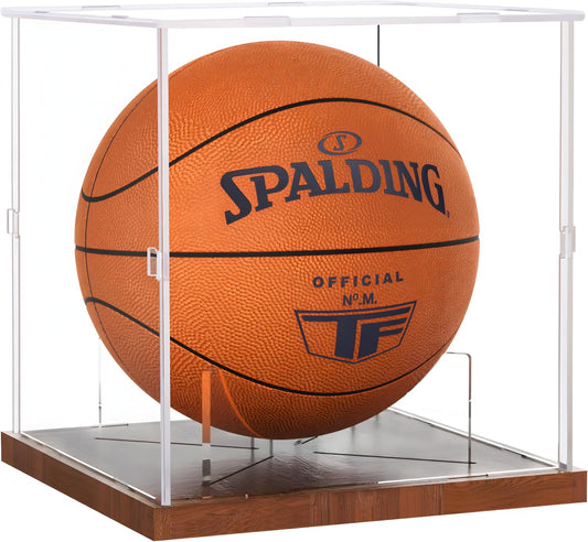 Basketball Display Case Acrylic Clear, UV Protected Basketball Stand Box Full Size with Solid Wood Base, Soccer Display for