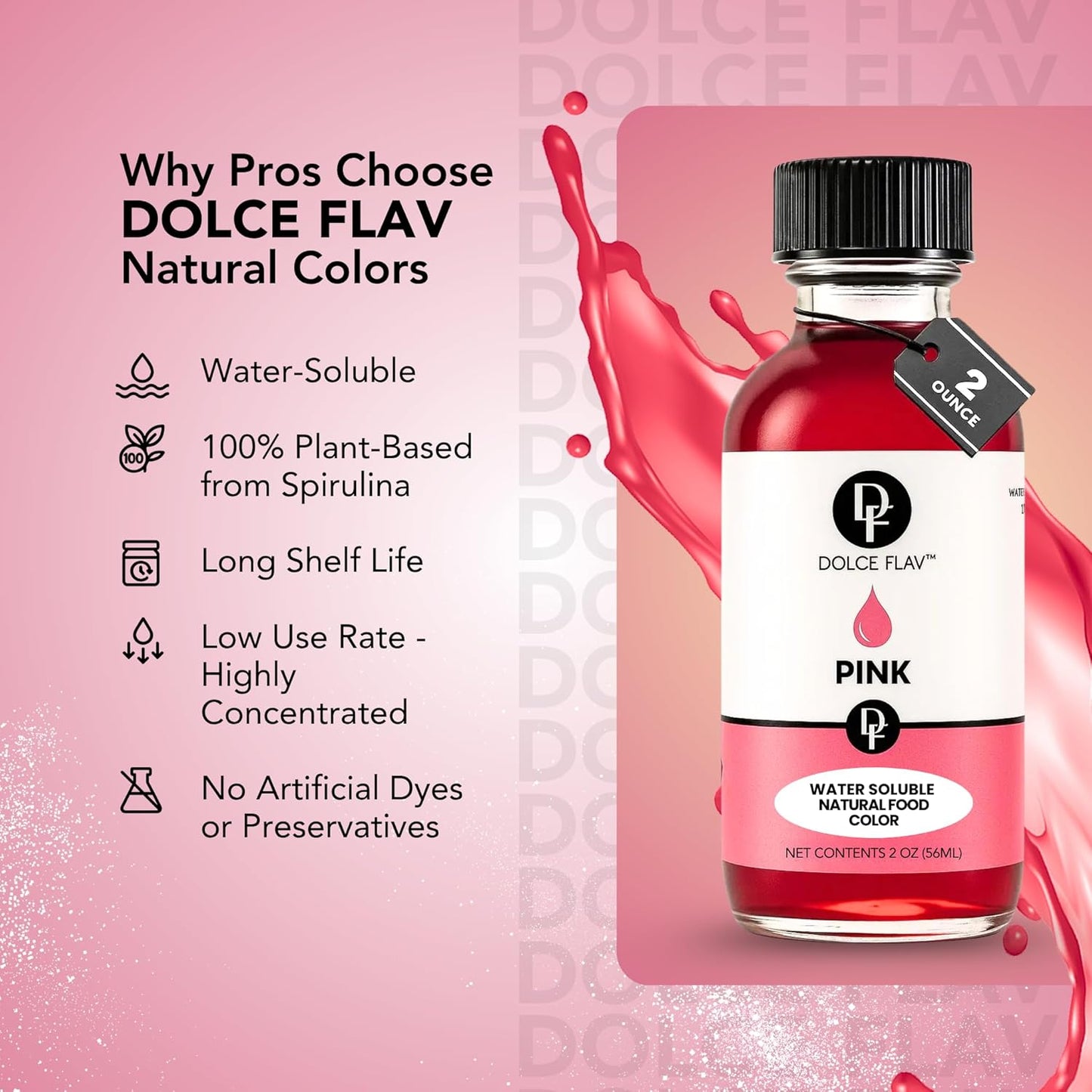 Dolce Flav Natural Pink Food Coloring – 2 oz Plant-Based Color from Beetroot with Graduated Dropper, Water-Soluble Liquid Dye for Baking