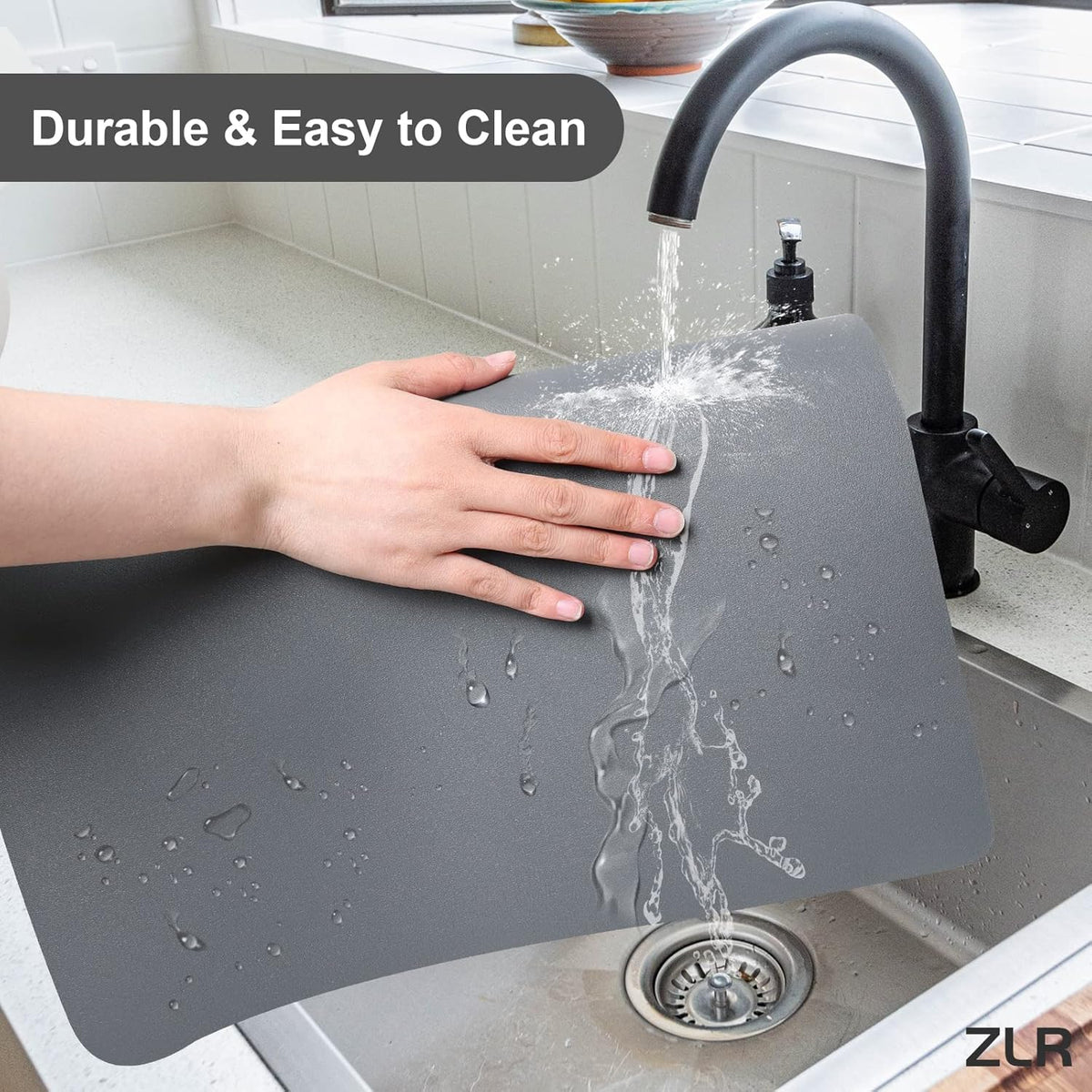ZLR Coffee Mat - 16" x 24" Extra Large Kitchen Hide Stain Absorbent Dish Drying Mat for Countertop - Easy to Clean Coffee Bar Mat for Espresso Machine and Spill Protection - Dark Gray