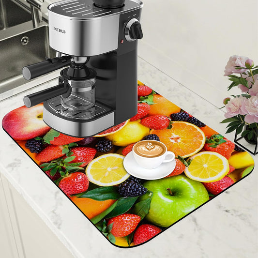 Fresh Fruits Dish Drying Mat for Kitchen Counter Coffee Bar Mat Hide Stain Absorbent Non-Slip Rubber Backed Drying Rack Pad