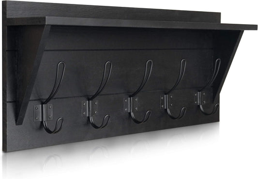 Wall Mounted Coat Rack Shelf, Rustic Wooden Country Style 24" Entryway Shelf with 5 Rustic Hooks Featuring Solid Pine Wood.