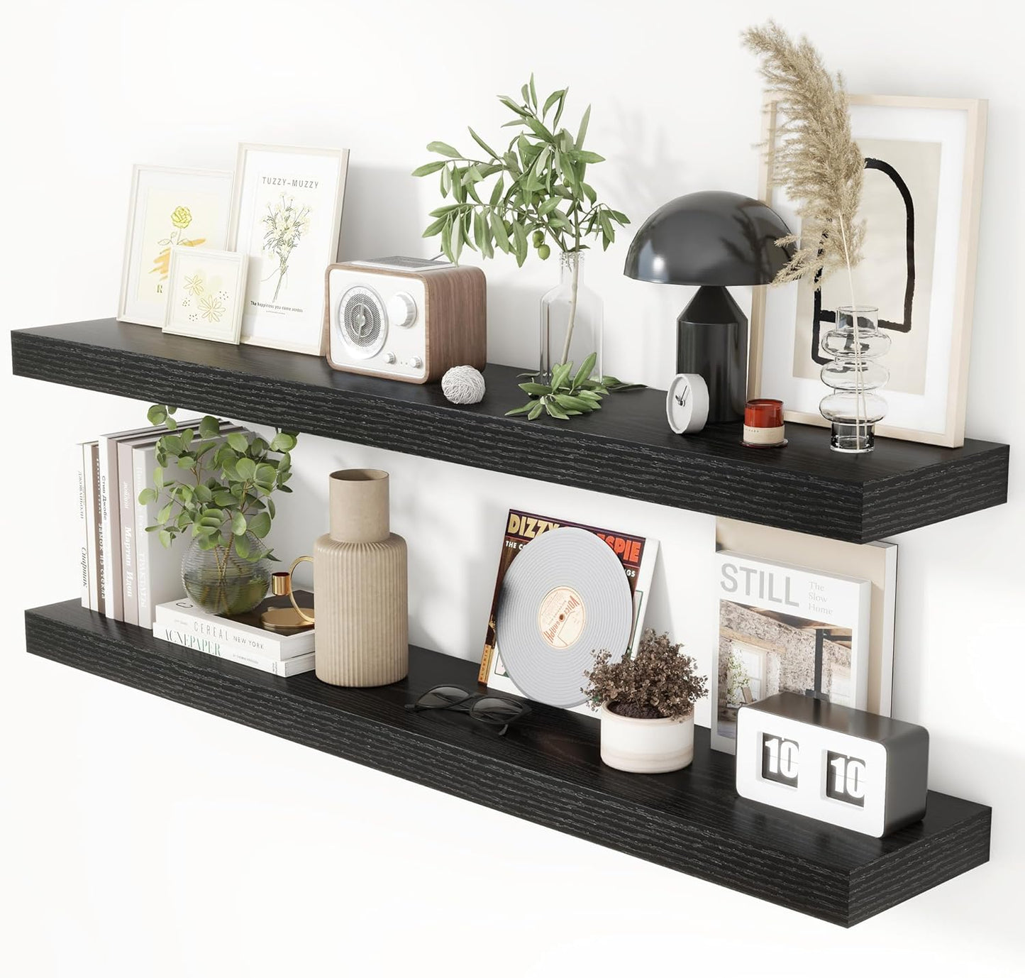 Heimlove 48 Inch Floating Shelves for Wall 8 Inch Deep Black Shelves Set of 2,Wall Mounted Rustic Wo