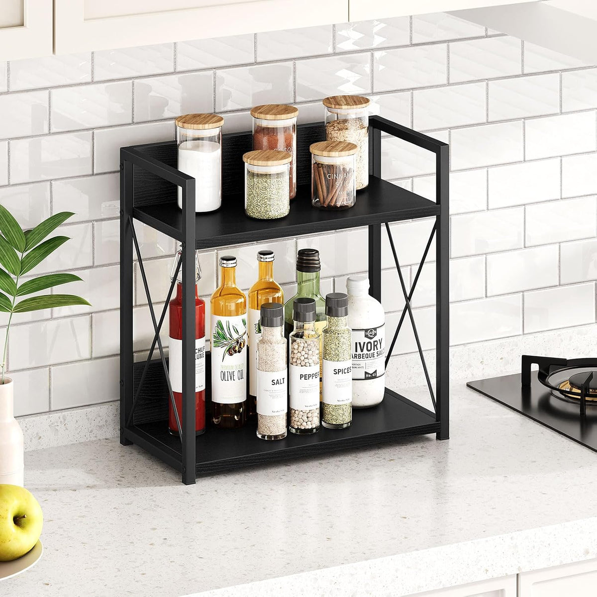 Giikin Kitchen Countertop Organizer, 2 Tier Coffee Bar Organizer, Black Spice Rack for Counter, Kitchen Counter Shelves, Particleboard,15.8" L x 7.9" W x 15.8" H (Black, L)