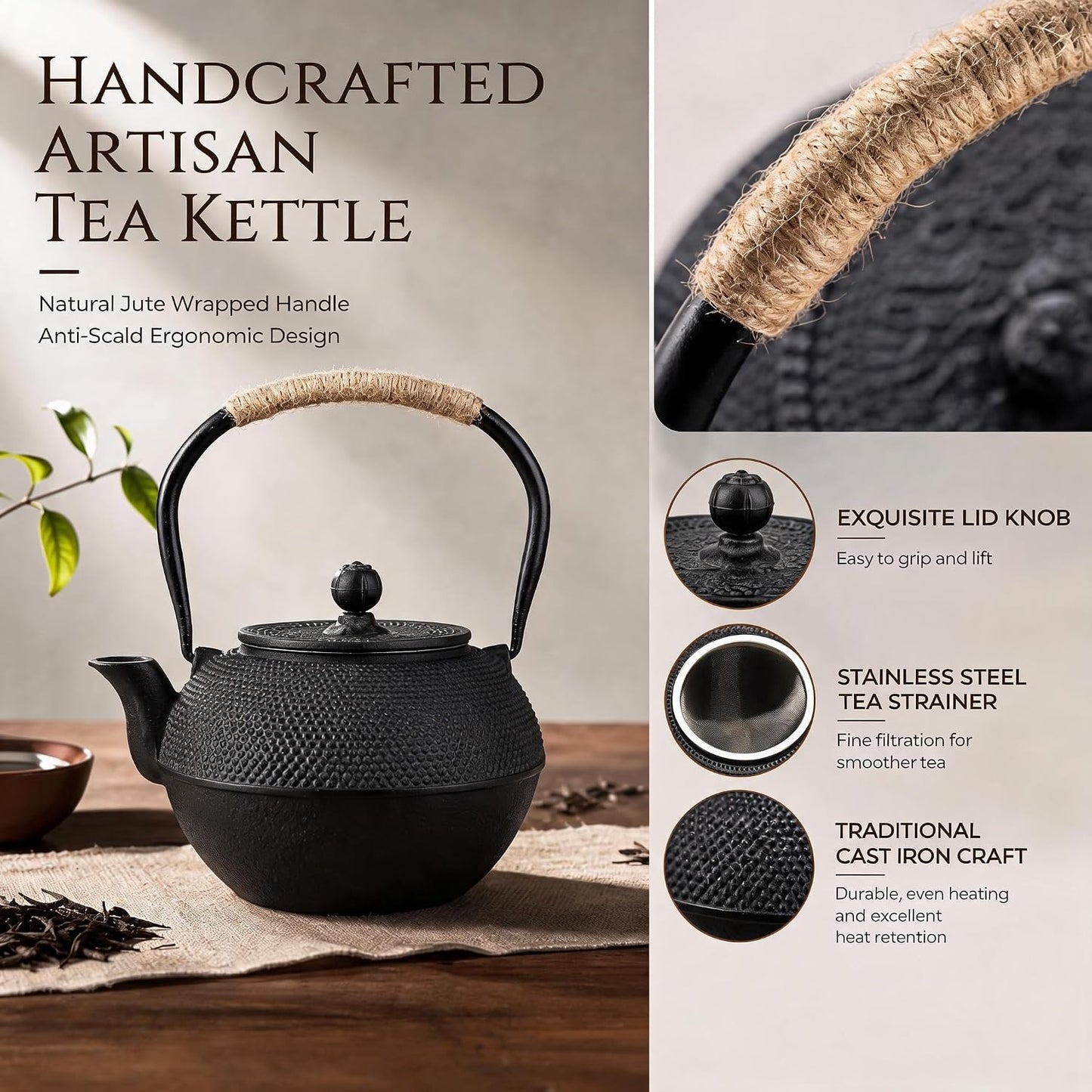 40oz Cast Iron Tea Kettle for Stovetop, Black Teapot with Infuser