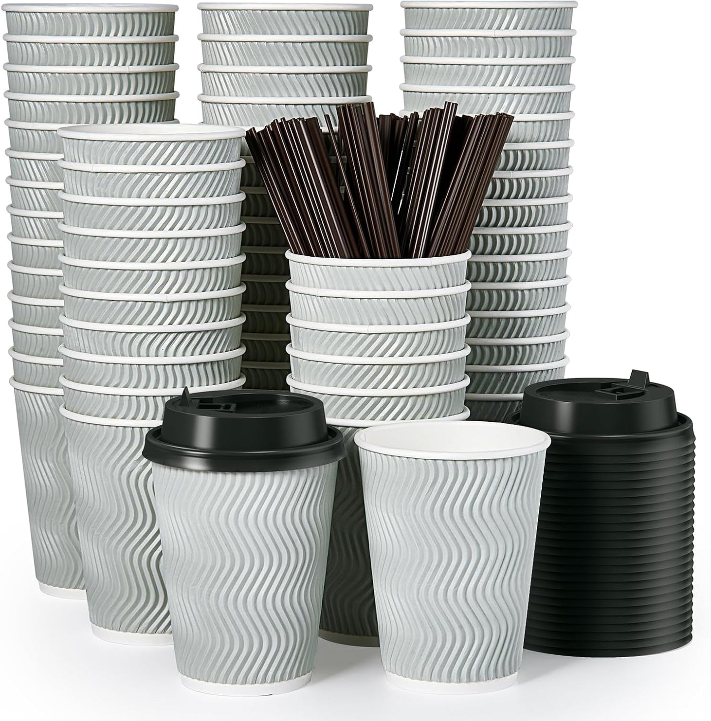 MUCHII 12 oz Disposable Coffee Cups, 100 Count Insulated Ripple To Go Cups With Lids and Straws for 