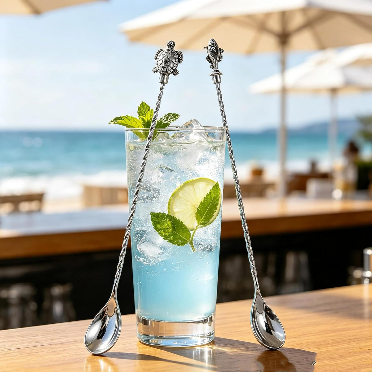 Homestia 12 Inch Bar Spoon, 2 Pcs Cocktail Spoon with Sea Turtle Fish Decor | Dirty Soda Bar Supplies, Stainless Steel Coffee Bar Use, Mixing &amp; Layering Drink Stirrer, Long Spoon for Bartending Stirring
