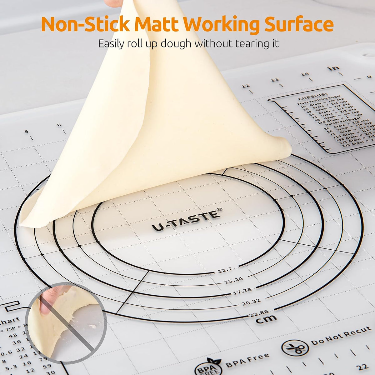 U-Taste Silicone Pastry Mat, Dough Rolling Baking Sheet, 16x20"/Transparent | Food-Grade Liquid Silicone, Non-Stick Non-Slip, Baking Supplies for Pizza Cookie Pie Crust, Clear Measurement &amp; Raised Edges