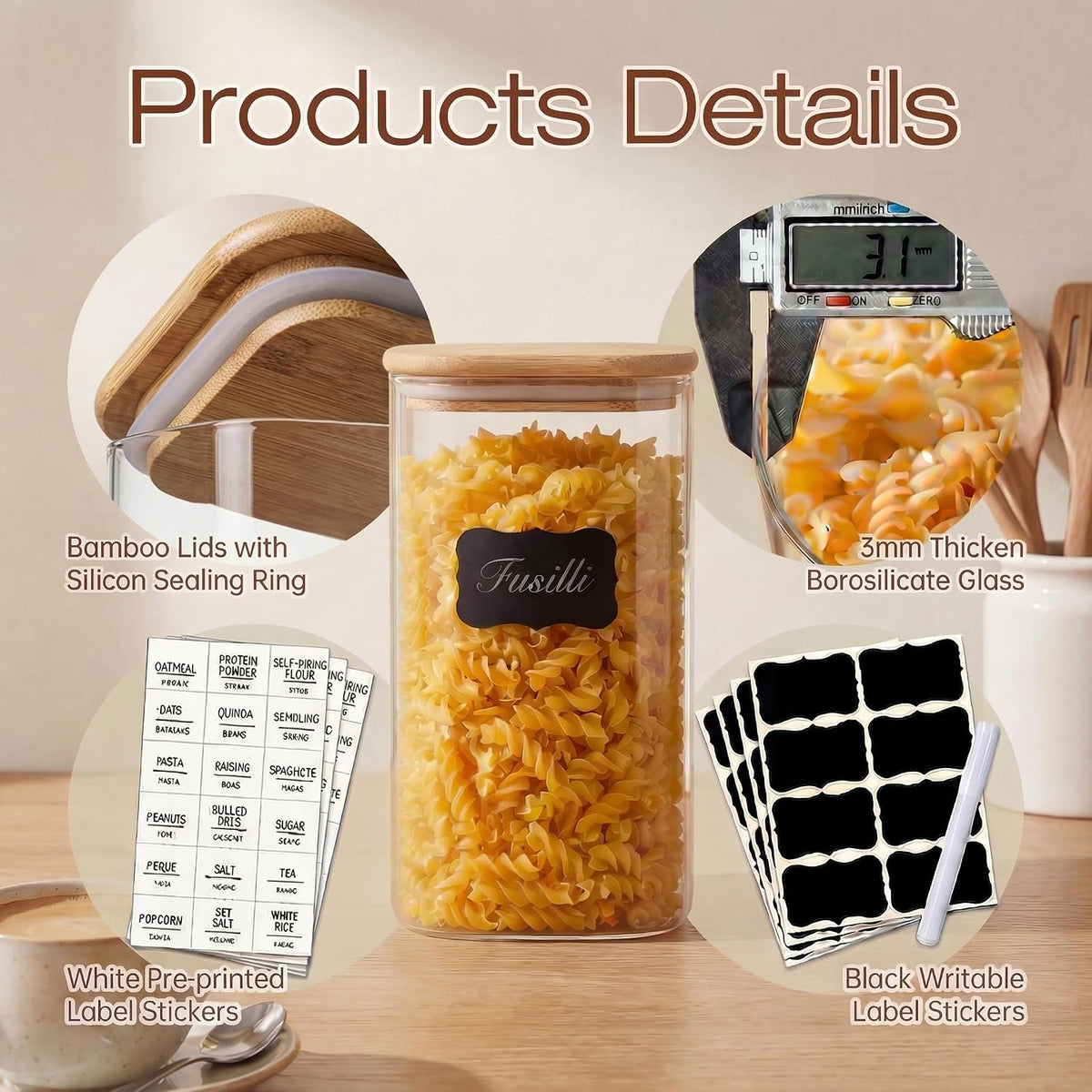 Square Glass Jars with Bamboo Lids 30 FL OZ [Set of 6], Glass Canisters with Airtight Lid, Glass Food Storage Container for Pasta, Flour, Sugar, Rice, Best for Kitchen & Pantry