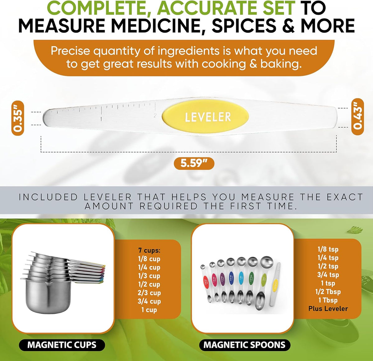 Spring Chef Magnetic Measuring Cups & Spoons Set (Patent Pending), Strong N45 Magnets, Heavy Duty Stainless Steel Fits in Spice Jars for Baking & Cooking, BPA Free, Set of 15 with Leveler, Multicolor