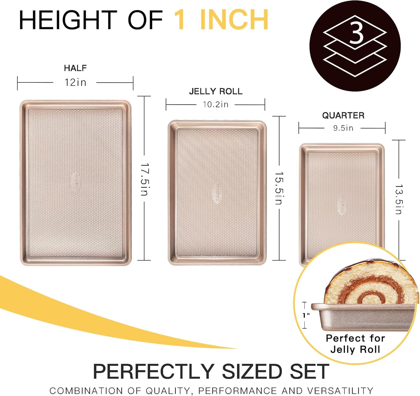 Baking Sheet Pan Set of 3, Cookie Sheets for Oven, Nonstick Half/Quarter/Jelly Roll Pans with Diamond Texture Pattern, 0.8mm Thick Heavy Duty Cookie Tray, Champagne Gold