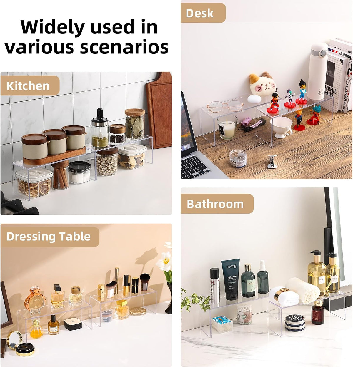 4 Packs Cabinet Organizer Shelf, Acrylic Kitchen Counter Shelves Organizer, Spice Rack for Dishes, Spices, Soda Cans and Bottles（12.4 x 4 x 4.6 inch）