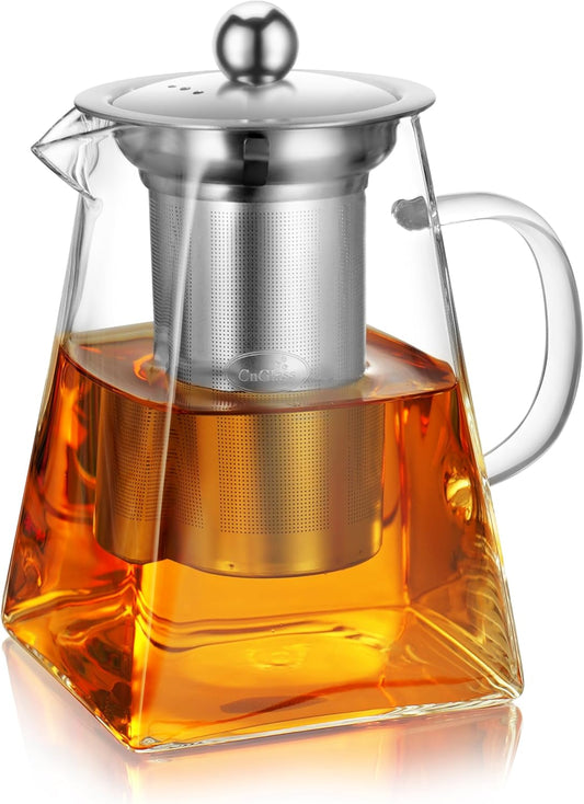 CNGLASS Glass Teapot with Infuser,31oz Clear Glass Tea Kettle with Removable Stainless Steel Strainer,Stovetop Safe Glass