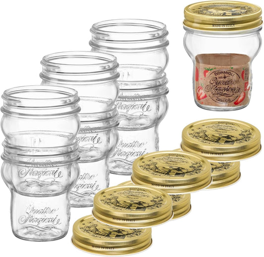 Bormioli Rocco Quattro Stagioni Glass Jars (Set of 6) - 9.25 Oz Stackable Storage Jars with Wide Mouth & Aluminum Lids -