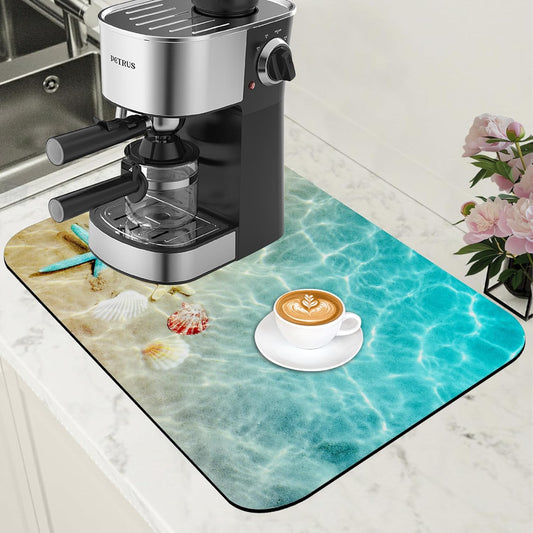 Starfish and Seashell Coffee Mat Beach Dish Drying Mat for Kitchen Counter Hide Stain Rubber Backed Absorbent Coffee Bar
