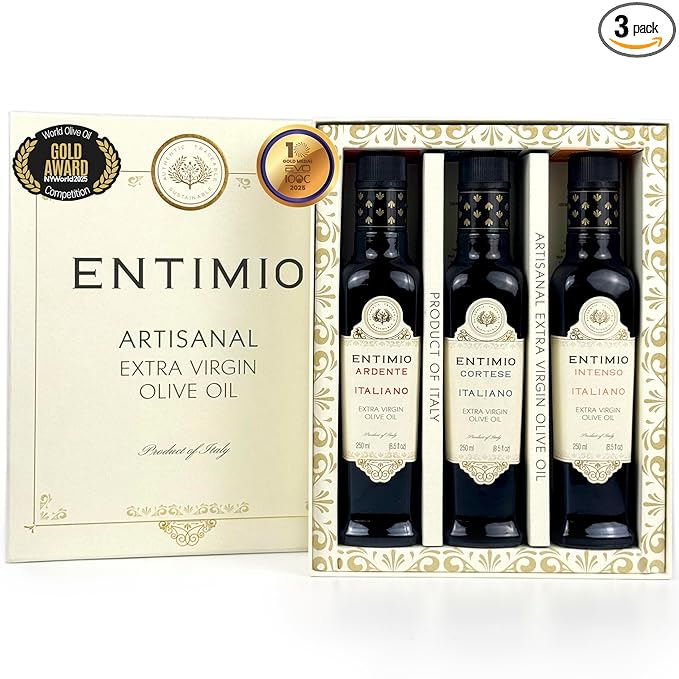 Entimio Collection Organic Italian Extra Virgin Olive Oil Gift Set from Italy, 600+ to 900+ mg/kg High in Polyphenols, 2025 Gold Winner, Early Harvest evoo, Cold Extracted, Lab Tested – 3 x 8.5 fl oz