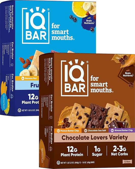 IQBAR Brain and Body Plant Protein Bars - Chocolate & Fruit Variety - 24-Count - Keto, Vegan, Low Carb, High Fiber, Gluten