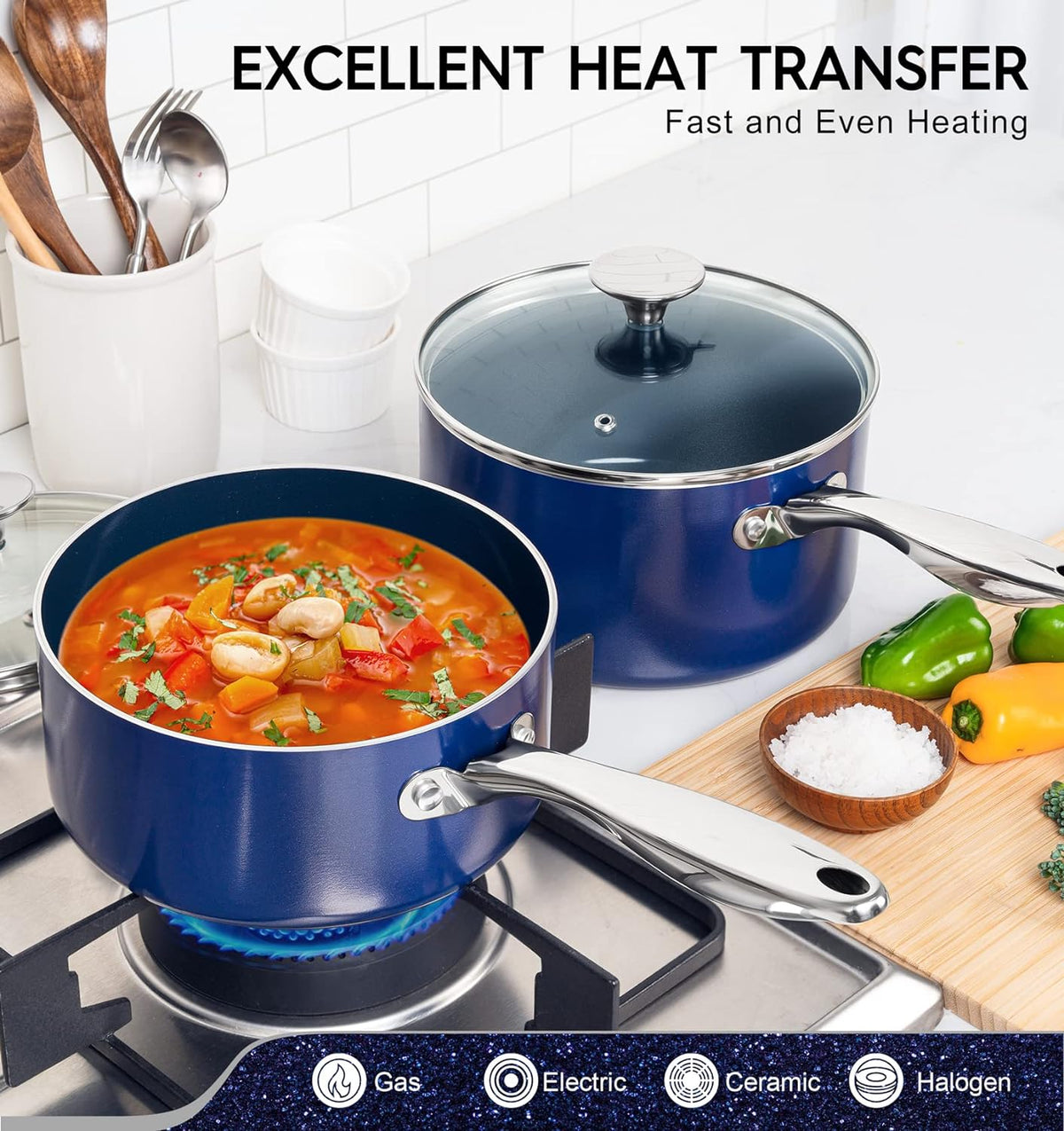 MICHELANGELO Saucepan Set, 1Qt & 2Qt Ceramic Sauce Pan with Lid, Nonstick Saucepans with Lids, Small Pot with Stainless Steel Handle, Oven Safe, Blue