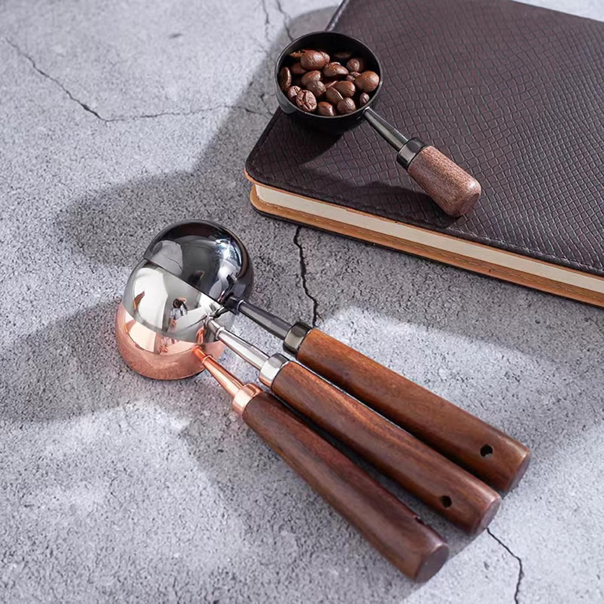 Vintage Coffee Measuring Spoon - 304 Stainless Steel,Coffee Scoop, 10g Capacity, Walnut Handle - Perfect for Coffee, Tea, and More (Gunmetal)