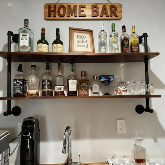 ROGMARS Industrial Pipe Solid Wooden Floating Book Shelves for Living Room Wall Shelving Kitchen Wall Shelves Bar Shelving