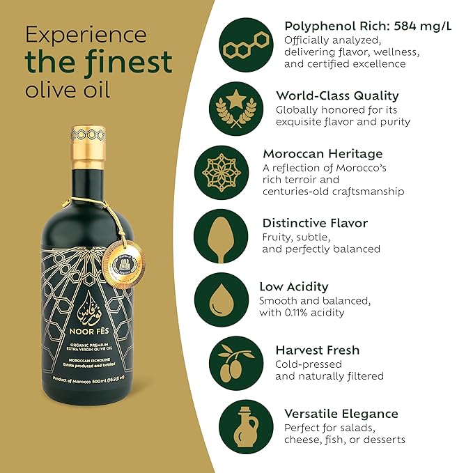 NOOR FÈS 20+ Awards EVOO | Polyphenol Rich 584 mg/kg | USDA Organic Extra Virgin Olive Oil | Moroccan Picholine | Cold Extracted Olive Oil | Great Gift for Chefs | 17 Oz.